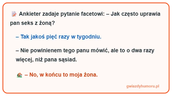 Zabawny mem z tekstem kawału o ankieterze, mężu i łóżkowych statystykach sąsiada – gwiazdyhumoru.pl"