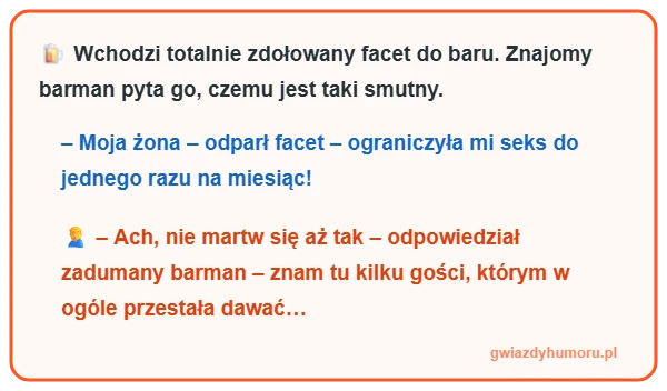Zajefajny i śmieszny mem z tekstem kawału o smutnym mężu w barze, barmanie i sekrecie żony – gwiazdyhumoru.pl"