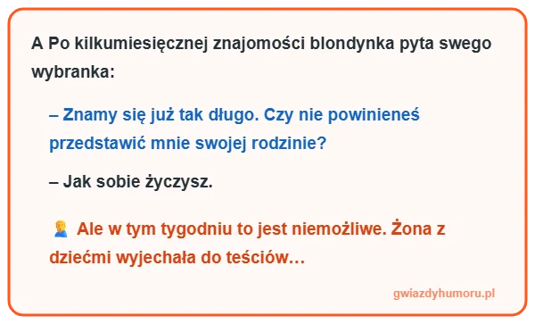 Zajefajny i śmieszny mem z tekstem kawału o blondynce, która chce poznać rodzinę partnera i jego nieobecnej żonie - gwiazdyhumoru.pl