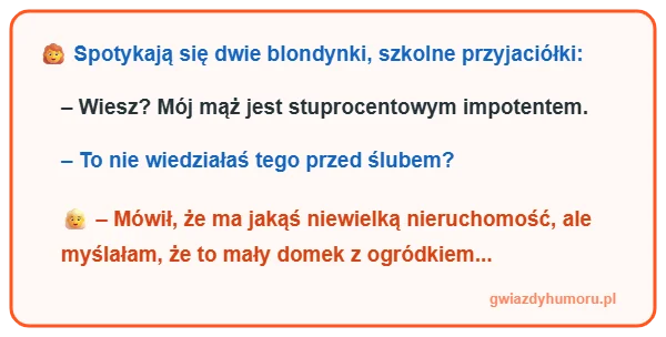 Zajefajny mem z tekstem dowcipu o dwóch blondynkach, mężu impotencie i małej nieruchomości - gwiazdyhumoru.pl