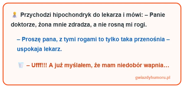 Śmieszny mem z tekstem kawału o hipochondryku u lekarza, zdradzie żony i braku rogów z powodu niedoboru wapnia – gwiazdyhumoru.pl