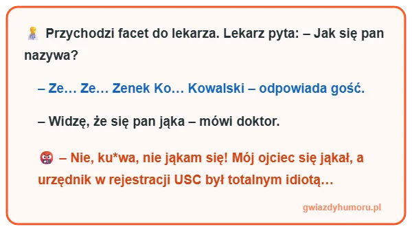 Zajefajny i śmieszny mem z tekstem kawału o facecie u lekarza, który przez urzędnika z USC oficjalnie nazywa się Ze Ze Zenek Ko Kowalski - gwiazdyhumoru.pl