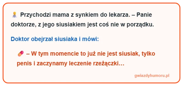 Śmieszny mem z tekstem kawału o mamie z synem u lekarza i diagnozie o leczeniu rzeżączki – gwiazdyhumoru.pl