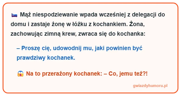 śmieszny mem z tekstem kawału o mężu, który wrócił z delegacji, zastał żonę z kochankiem i przerażonej puencie – gwiazdyhumoru.pl"