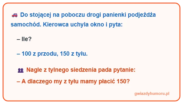 Zajefajny i śmieszny mem z tekstem kawału o panience na poboczu drogi i pasażerach z tylnego siedzenia - gwiazdyhumoru.pl