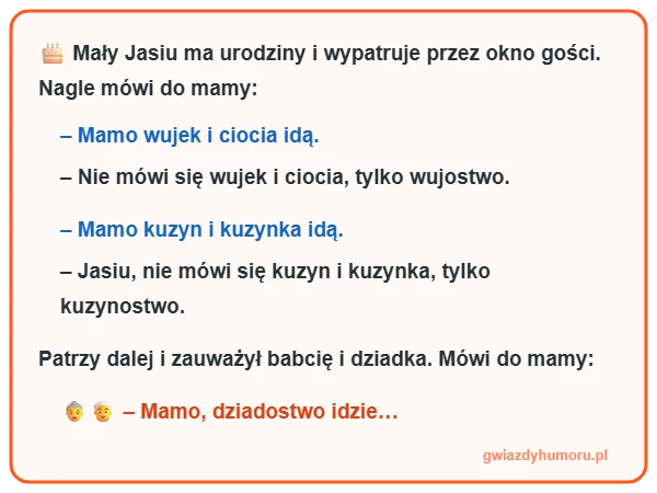 Zajefajny i śmieszny mem z tekstem kawału o Jasiu, który na nadchodzących dziadków powiedział dziadostwo - gwiazdyhumoru.pl