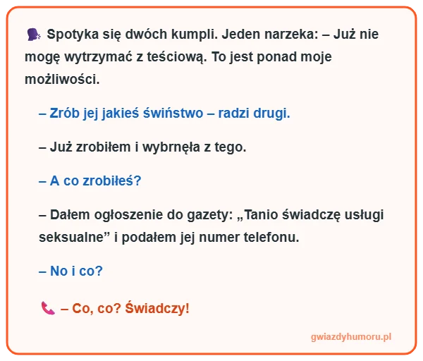 Zajefajny i śmieszny mem z tekstem kawału o dwóch kumplach, ogłoszeniu w gazecie i teściowej, która świadczy usługi - gwiazdyhumoru.pl