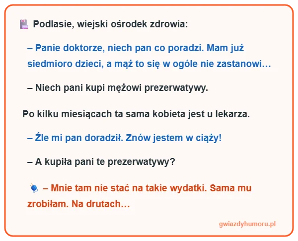 Zajefajny i śmieszny mem z tekstem kawału o wiejskim ośrodku zdrowia na Podlasiu i prezerwatywach robionych na drutach - gwiazdyhumoru.pl