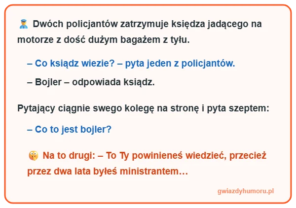 Zajefajny i śmieszny mem z tekstem kawału o dwóch policjantach, księdzu jadącym na motorze i bojlerze - gwiazdyhumoru.pl