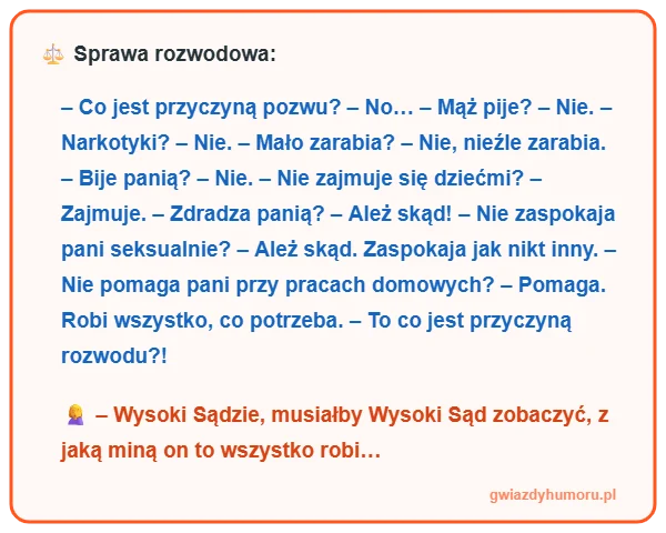 Śmieszny mem z tekstem kawału o sprawie rozwodowej, sędzim i wyrazie twarzy idealnego męża – gwiazdyhumoru.pl