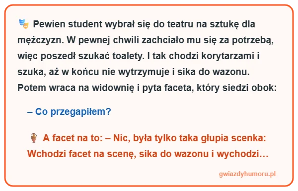 Śmieszny mem z tekstem kawału o studencie w teatrze, który nasikał do wazonu na scenie - gwiazdyhumoru.pl