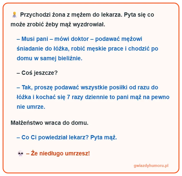 Zajefajny i śmieszny mem z tekstem kawału o małżeństwie u lekarza, zaleceniach medycznych i bezlitosnej puencie żony - gwiazdyhumoru.pl