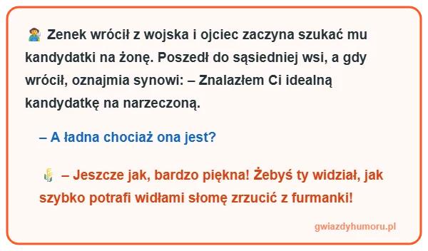 Jajcarski i śmieszny mem z tekstem kawału o Zenku, który wrócił z wojska, jego ojcu i pięknej dziewczynie pracującej widłami przy słomie - gwiazdyhumoru.pl
